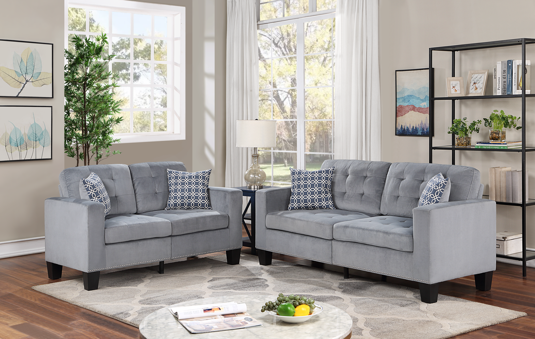 Logan Gray Velvet 2-PC Sofa and Loveseat