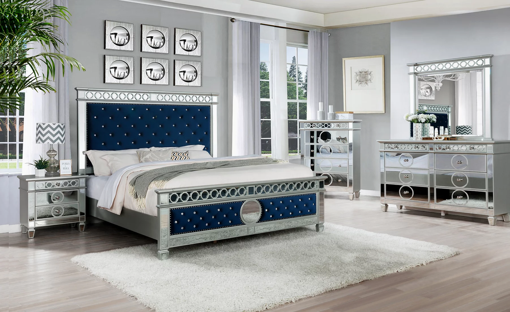 Bella Velvet Bedroom Suite | Black, Blue & Silver | Queen & King | 4-PC & 5-PC
