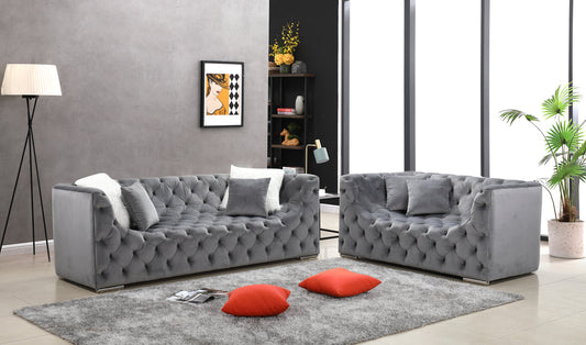 Kylie 2-PC Gray Velvet Sofa and Loveseat  Set