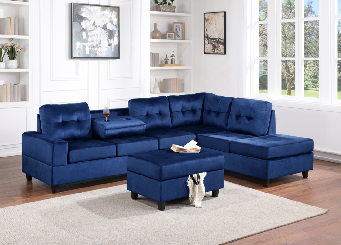 Heights Blue velvet Sectional w/ Storage Ottoman and Cupholder