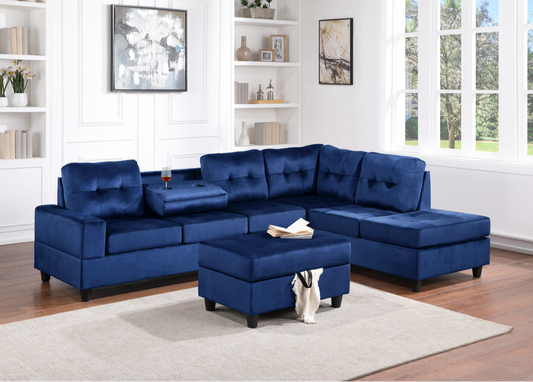 Heights Blue velvet Sectional w/ Storage Ottoman and Cupholder