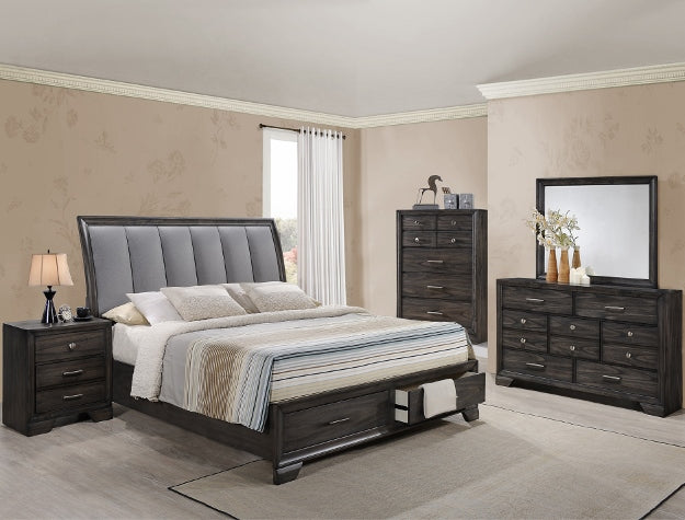 Jaymes Bedroom Suite – Upholstered Storage Bed, Dresser, Mirror, Nightstand & Chest