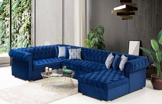 Luxen Velvet Blue RAF Chaise Sectional