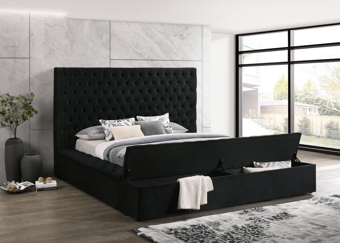 Paris Upholstered Platform Bed – Black & Gray Velvet Button-Tufted with Storage | Queen & King