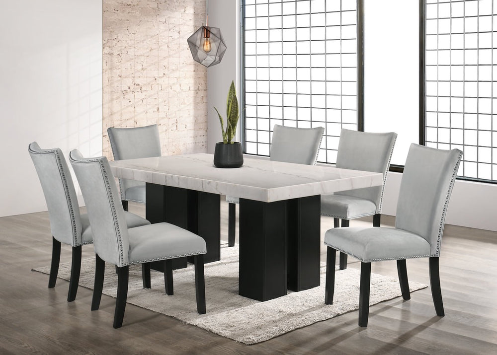 Finley 7-Piece Dining Room Set - 70" Marble Top Table with 6 Velvet Chairs | Black & Gray
