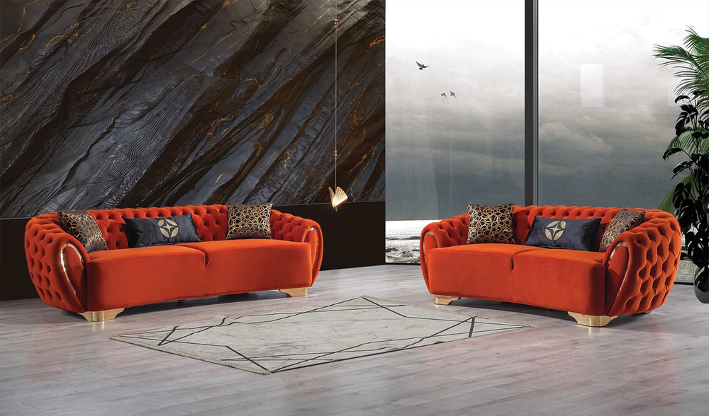 Victoria Orange Velvet Sofa &amp; Loveseat