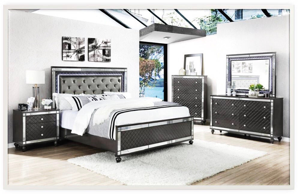 Refino Bedroom Set | LED Backlit Headboard | Ash Grey | Queen & King | 4-PC & 5-PC