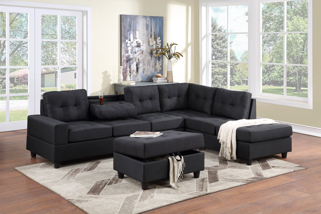Heights Black Fabric Sectional w/ Storage Ottoman and Cupholder
