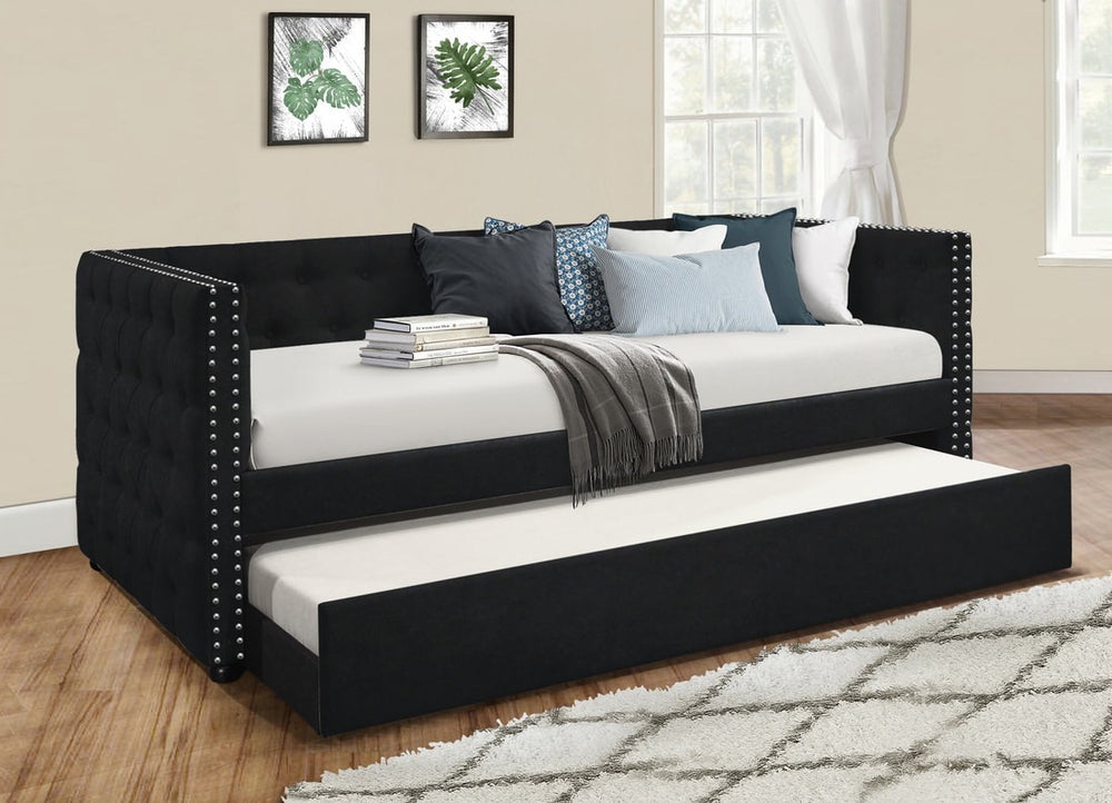 Courage Black Velvet Tufted Daybed with Trundle | Twin Trundle Included