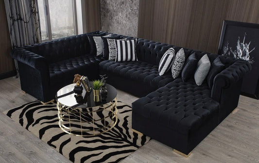 Luxen Velvet Black RAF Chaise Sectional