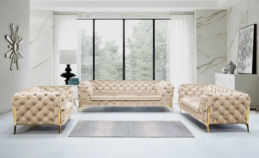 Lori Beige Tufted Velvet 3-PC Sofa Set