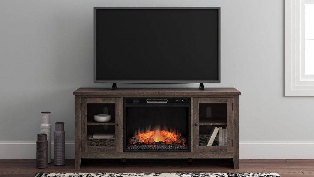60" Gray Weathered Oak Electric Fireplace TV Stand with Glass Doors - Omega