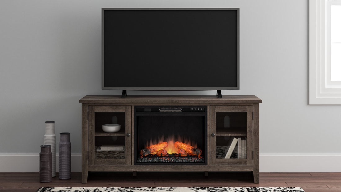 60" Gray Weathered Oak Electric Fireplace TV Stand with Glass Doors - Omega